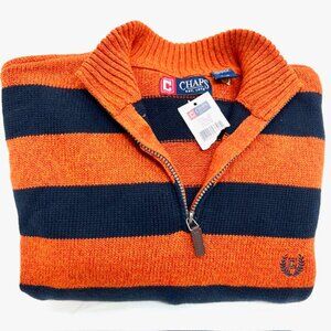 New- Chaps Men Black/Orange Striped Sweater Size L 1/4 Zip Pull Over Made In USA
